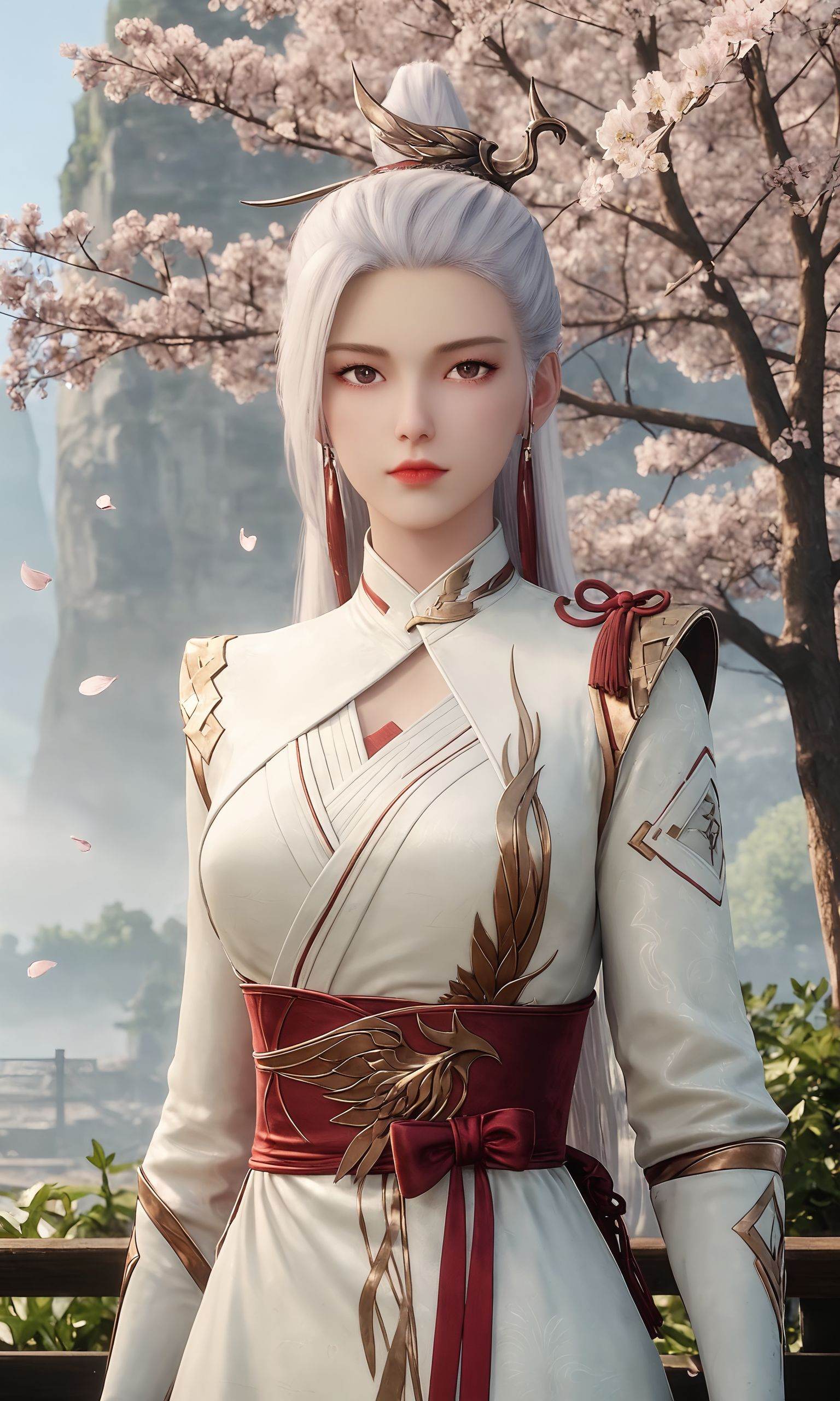 <lora:天相-白惜Pony:0.7>,1girl,white hair,jewelry,earrings,long sleeves,sash,long hair,hair ornament,brown eyes,hair stick,single hair bun,hair bun,white dress,, masterpiece,best quality,solo,1girl,upper body,petals,looking at viewer,moon,branch,cherry blossoms,flower,extreme aesthetic,(quasarcake:0.7),masterpiece,best quality,good quality,newest,very aesthetic,absurdres,A shot with tension,(Visual impact,giving the poster a dynamic and visually striking appearance:1.2),impactful picture,offcial art,colorful,splash of color,movie perspective,