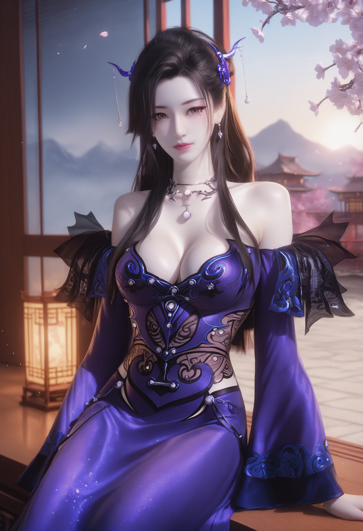 Chao_nvyao,1girl,black hair,hair ornament,jewelry,long hair,earrings,bare shoulders,cleavage,necklace,makeup,brown eyes,<lora:Chao_nvyao_5_illu-000010:0.75>,dress,purple dress,blue dress,detached sleeves,wide sleeves,photorealistic,hyperrealistic,<lora:realistic filter [IL]:1>,(pale skin:1.1),sitting,lantern,open window,looking at viewer,indoors,mountains,blossoms,flowers,east asian architecture,beautiful sunrise,warm ambient temperature,