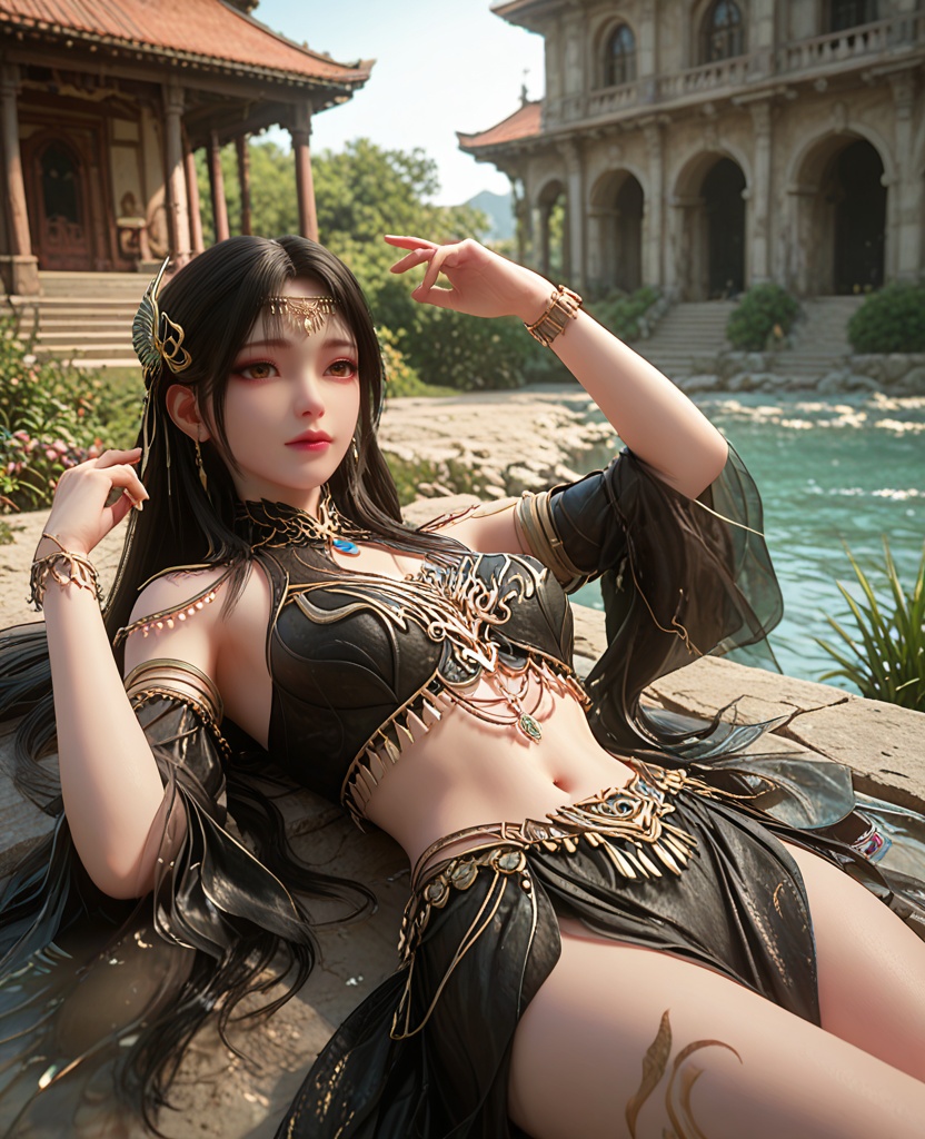 (oriental architecture, elegant decor, sophisticated style:1.1),Lying on a sandy beach, arms stretched out, soaking in the sun,,(breasts:1.2),<lora:XL完美世界灰烬:0.85>,miss huijin,solo,black silk corset,detached chiffon sleeves,black chiffon overskirt,brown eyes,black hair,long hair,circlet,head chain,jewelry,leg tattoo,lips,, zPDXL2, score_9, score_8_up, score_7_up BREAK realistic, masterpiece,best quality, highly detailed,, zPDXL3, zPDXL2,zPDXL, zPDXLxxx, zPDXLrl,