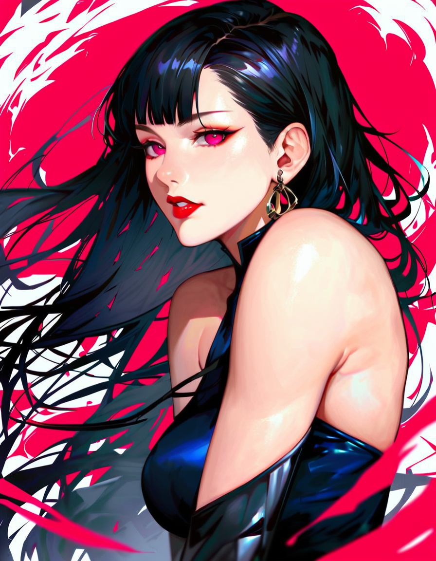 score_9,score_8_up,score_7_up,1girl,black hair,solo,jewelry,long hair,bangs,earrings,ring,looking at viewer,parted lips,red eyes,blunt bangs,bare shoulders,upper body,red background,teeth,gloves,red lips,lips,pink eyes,