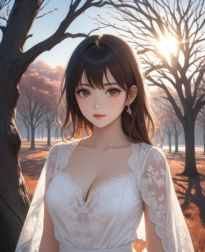 (,1girl, ,best quality, ),looking at viewer,  ,, ultra detailed background,ultra detailed background,ultra realistic 8k cg,,masterpiece, (( , )), fiction,mole,  ,     ,see-through, lace, (cleavage),(((, solo, sun, , bare_tree, )))