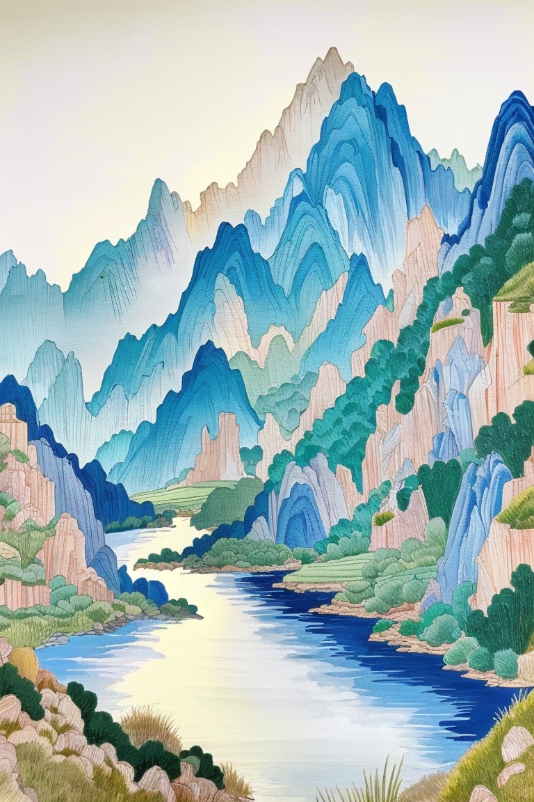 ((HRD, HUD, 8K)),((masterpiece, best quality)), highly detailed,Embroidery, mountain, scenery, traditional media, outdoors, water, tree, rock, no humans, nature, grass, river, <lora:20240520-1716211516835:0.9>