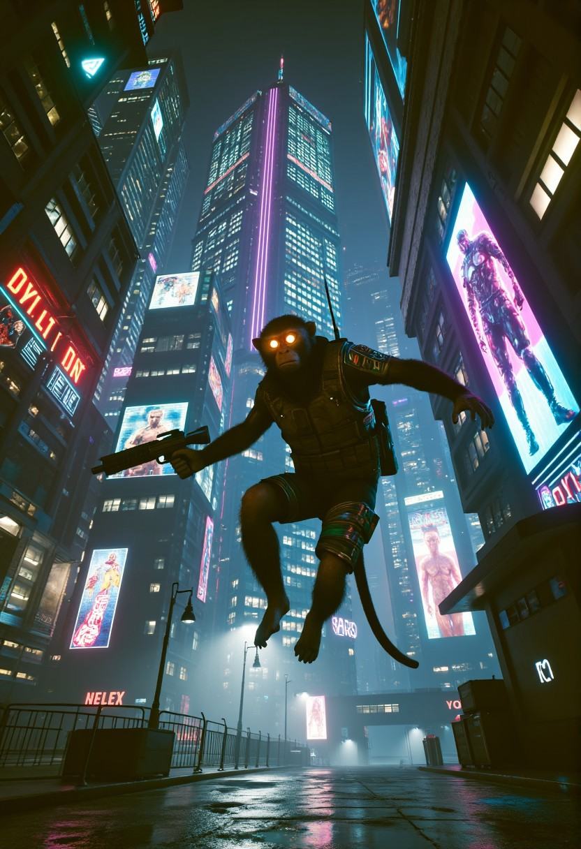 Picture a cyberpunk monkey,  agile and equipped,  navigating the neon-lit cityscape at night. This tech-savvy primate boas...
