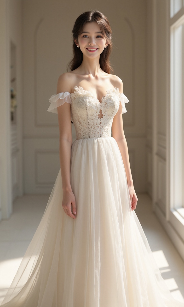 a RAW ultra-realistic photo,UHD,8k，An 18 years old Chinese girl, her figure is tall and exquisite, her lines are beautiful, Ultra thin wedding dress，full - body shot, real skin texture，delicate face, Tyndall light, corona render, realistic, --ar 9:16 --q 2 --style raw0 <lora:my-v67:1>