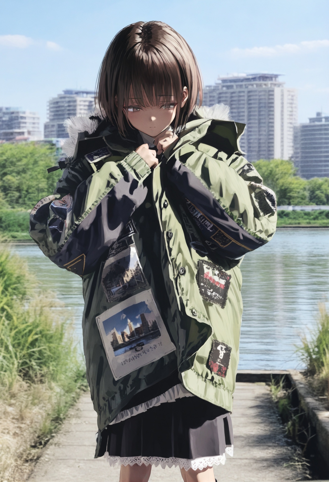 masterpiece, best quality,1girl, solo, outdoors, brown hair, photo background, jacket, short hair, day, brown eyes, building, river, sky, closed mouth, hood, green jacket, looking down, long sleeves, standing, bangs, hood down, water, skirt, grass, blue sky  <lora:GUXLlokr8f-000183:0.95>