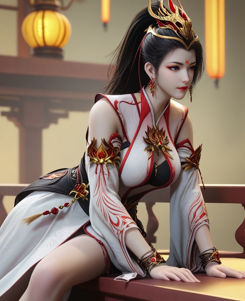 (oriental architecture, elegant decor, sophisticated style:1.1),(Sitting on a window ledge, looking outside,:1.1),envy,(large breasts:1.2),<lora:XL16师兄啊师兄玖酒:0.95>,miss jiujiu,white dress,forehead mark,black hair,ponytail,long hair,hair ornament,jewelry,earrings,black slip dress,black high-heeled sandals,red lips,, score_9,score_8_up,score_7_up,score_6_up,score_5_up,score_4_up,3d rendering,tag1,tag2, Cinematic Lighting,backlighting,