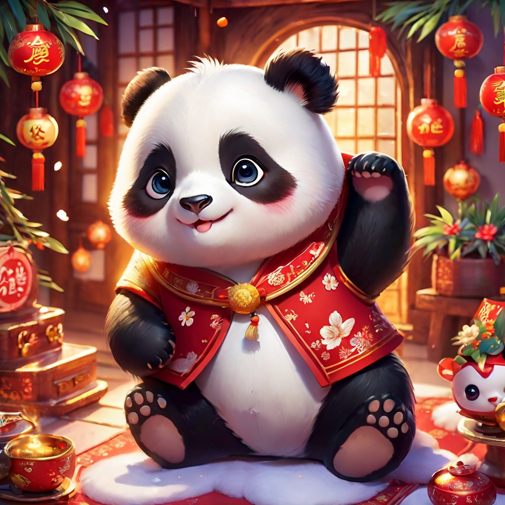 panda,cute,poakl cartoon newyear style,best quality,masterpiece,<lora:poaklSDXLcartoonnewyearV2-000007:0.6>,