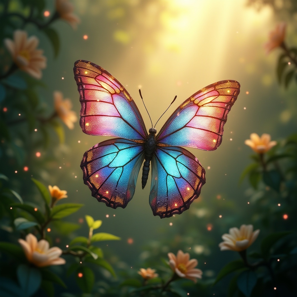 A photorealistic,  vibrant butterfly with kaleidoscopic wings,  featuring intricate geometric patterns in vivid hues of bl...