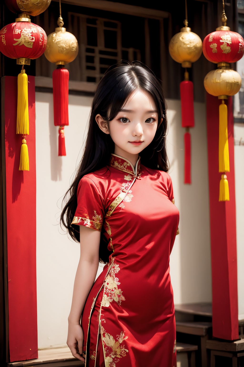 <lora:ChineseNewYear:0.8>, chinese new year, girl, (smirk:0.2), long hair, arms at sides