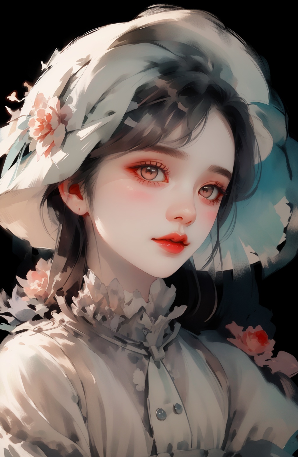 1girl, solo, hat, black hair, looking at viewer, upper body, red lips，a Minority girl,minority makeup,Delicate white pink and white headwear,in the style of mystical portraits,busts,black backgrounds,rich colors,character design,ethnic art,watercolor,ink style,<lora:Victoria_维多利亚:1.2>,