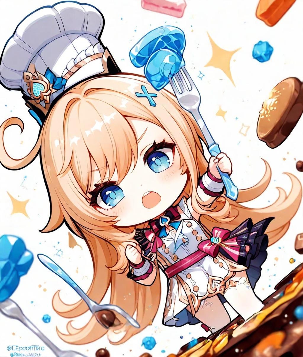escoffier \(genshin impact\),O,ultra detailed anime texture,1girl, solo, blue eyes, blonde hair, hat, long hair, open mouth, chibi, ahoge, white background, hair ornament, simple background, white dress, white headwear, bangs, fork, dress, chef hat, bow, twitter username, detached sleeves,escoffier \(genshin impact\),Depth of field,extreme aesthetics,masterpiece,best quality,ultra high definition,32K resolution,sharp focus,exquisite details,high-end texture,fashion photography,film perspective,rich colors,color palette,advertising style,tension composition,emotional masterpiece,mild atmosphere,latest,dynamic Dutch angle,perspective composition,magazine cover,cover,
