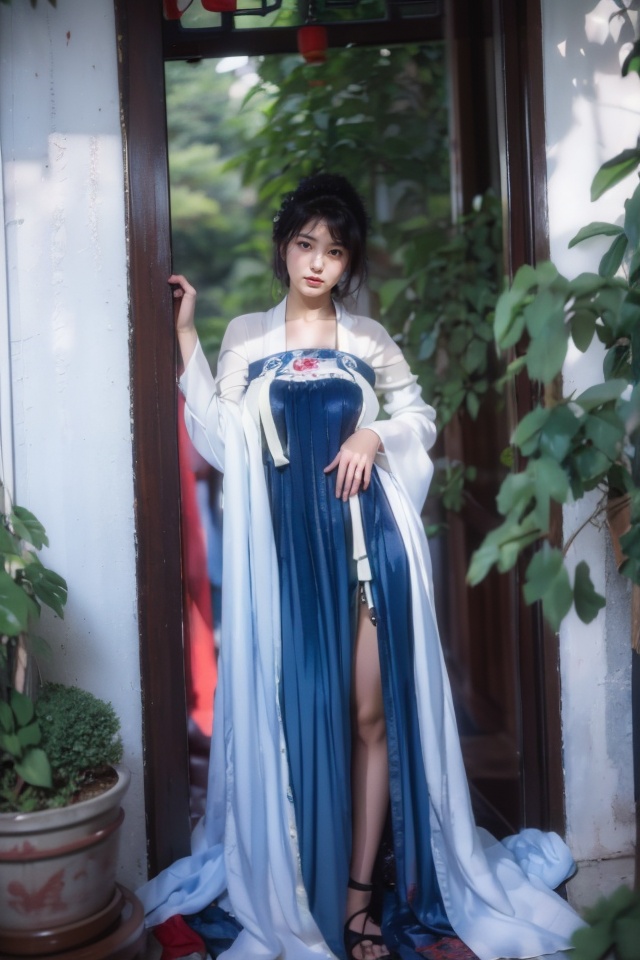 masterpiece,best quality,ultra high res,<lora:aw13xin_lora:1>,chinese clothes,hanfu,.,<lora:13lanhanfu:1>,masterpiece,best quality,ultra high res,a sensual woman with ample bosom dressed in black stockings and a seductive negligee,