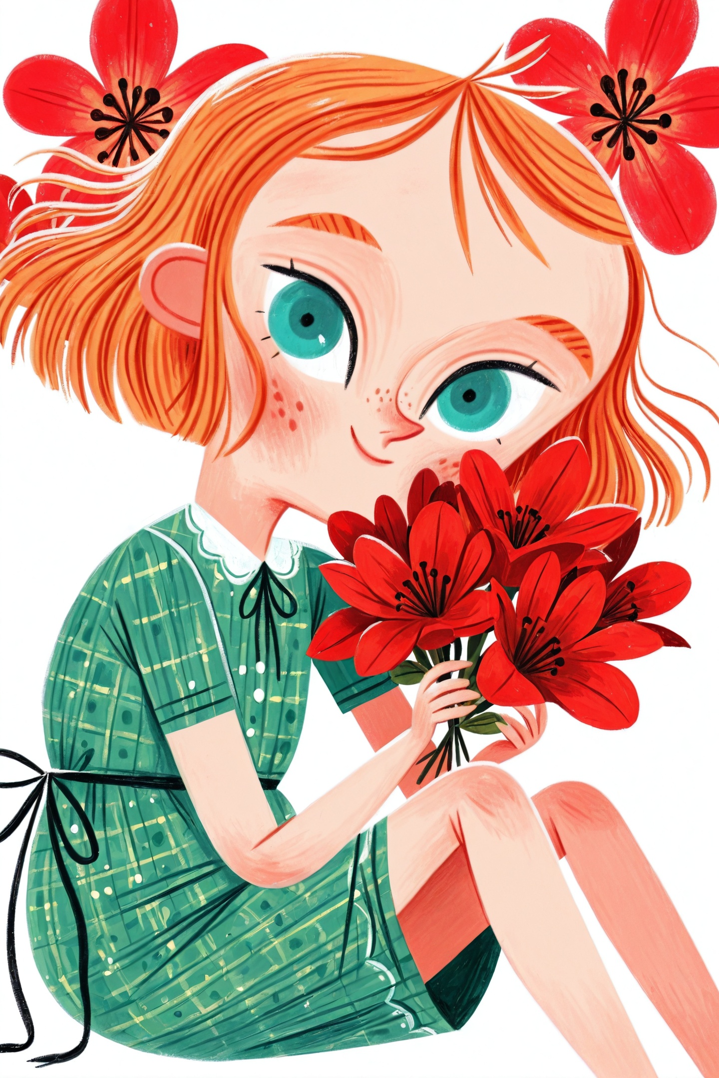 David Sierra Liston Style,1girl,solo,flower,freckles,white background,holding,short sleeves,simple background,red flower,holding flower,short hair,orange hair,dress,aqua eyes,smile,knees up,sitting,blush,looking at viewer,ribbon,blonde hair,feet out of frame,bouquet,<lora:David Sierra Liston_illustriousXL:1>,