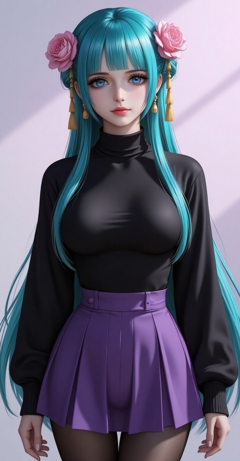 lvjing,baoshi,lvjing,rihe,hair ornament,hair flower,flower,long hair,aqua hair,blue eyes,aqua eyes,blunt bangs,pink flower,1girl,pantyhose,breasts,skirt,solo,ass,large breasts,bangs,black pantyhose,looking at viewer,purple skirt,black sweater,long sleeves,underwear,sweater,turtleneck,pleated skirt,black shirt,gradient background,simple background,simple background,gradient_background,cover,Close-up details,outstanding style,adding a touch of dimension to your images without compromising details,close-up,