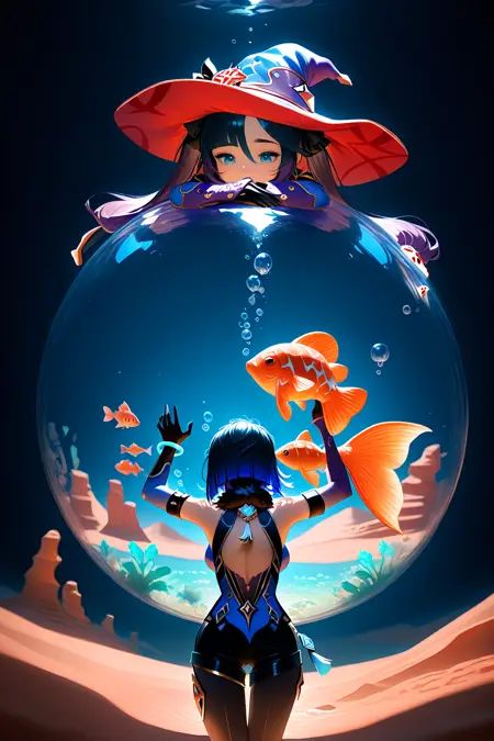 2girls, yelan \(genshin impact\), mona \(genshin impact\), underwater, blue wire, bubble, desert, orange fish, spotlight, dark, low-angle view, cowboy shot, hug, hat, masterpiece, best quality