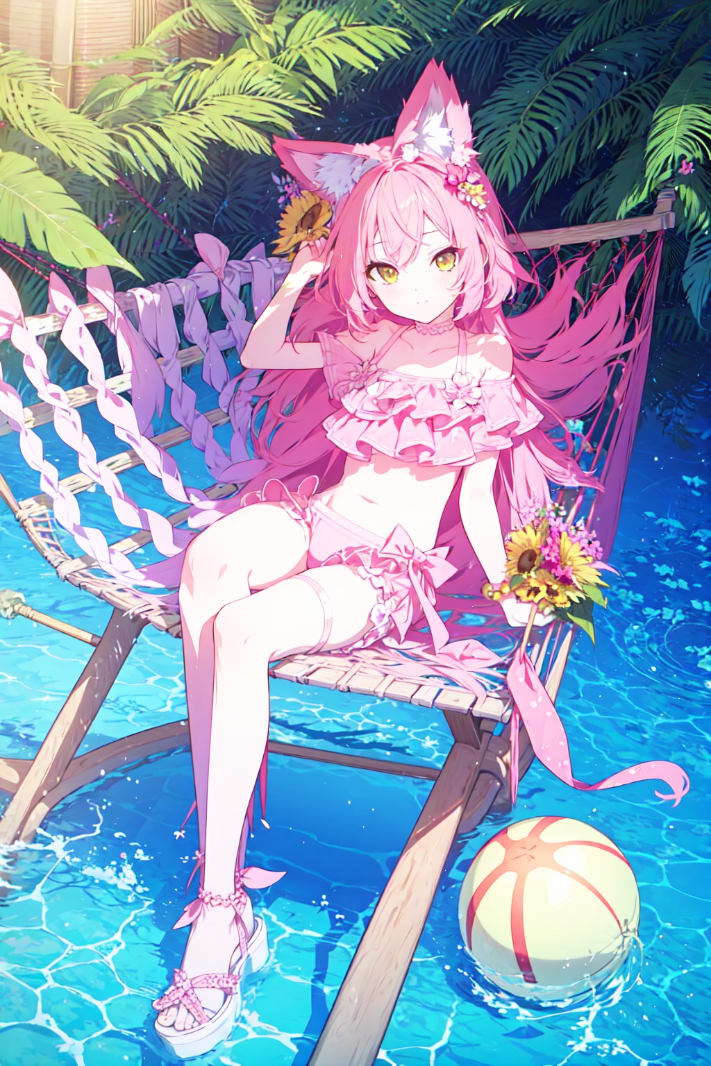 1girl,pink hair,fruit,food,eyewear on head,flower,sunglasses,watermelon,solo,sunflower,sandals,shorts,(hammock:1.3),looking at viewer,animal ears,water,yellow eyes,ball,sitting,official alternate costume,swimsuit,(pink tail:1.1),bikini,full body,cat ears,jewelry,thigh strap,beachball,masterpiece,best quality,