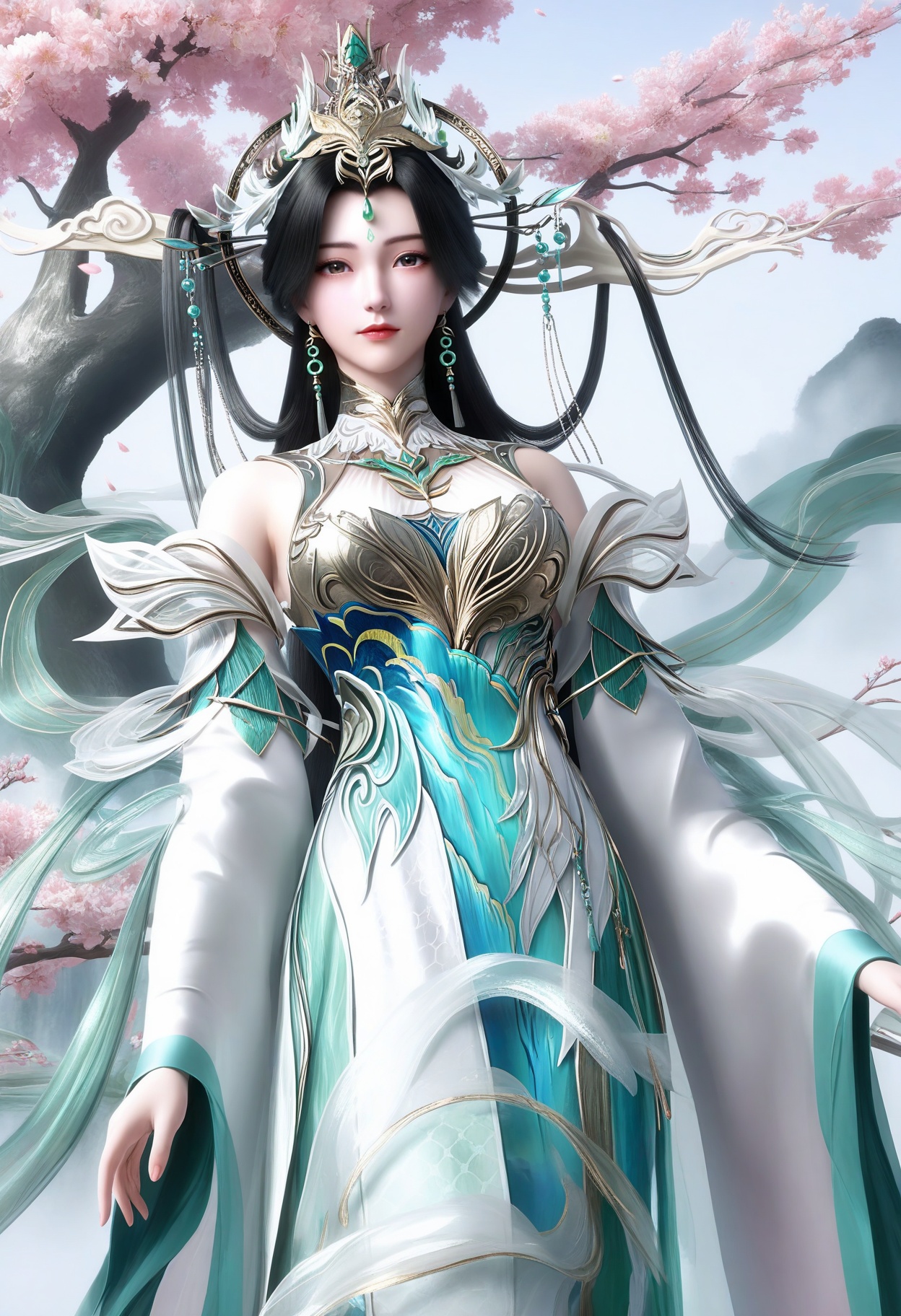 masterpiece,best quality,amazing quality,very aesthetic,high resolution,ultra-detailed,absurdres,scenery,photorealistic,(looking at viewer:1.1),upper body,peach blossom,falling petals,(large breasts:0.8),liushenwudidao,1girl,solo,black hair,hair ornament,long hair,jewelry,earrings,closed mouth,forehead mark,dress,forehead jewel,expressionless,detached sleeves,white dress,bare shoulders,long sleeves,chinese clothes,brown eyes,barefoot BREAK photorealistic details,<lora:QQSillliushenwudidaoV6:0.81>,