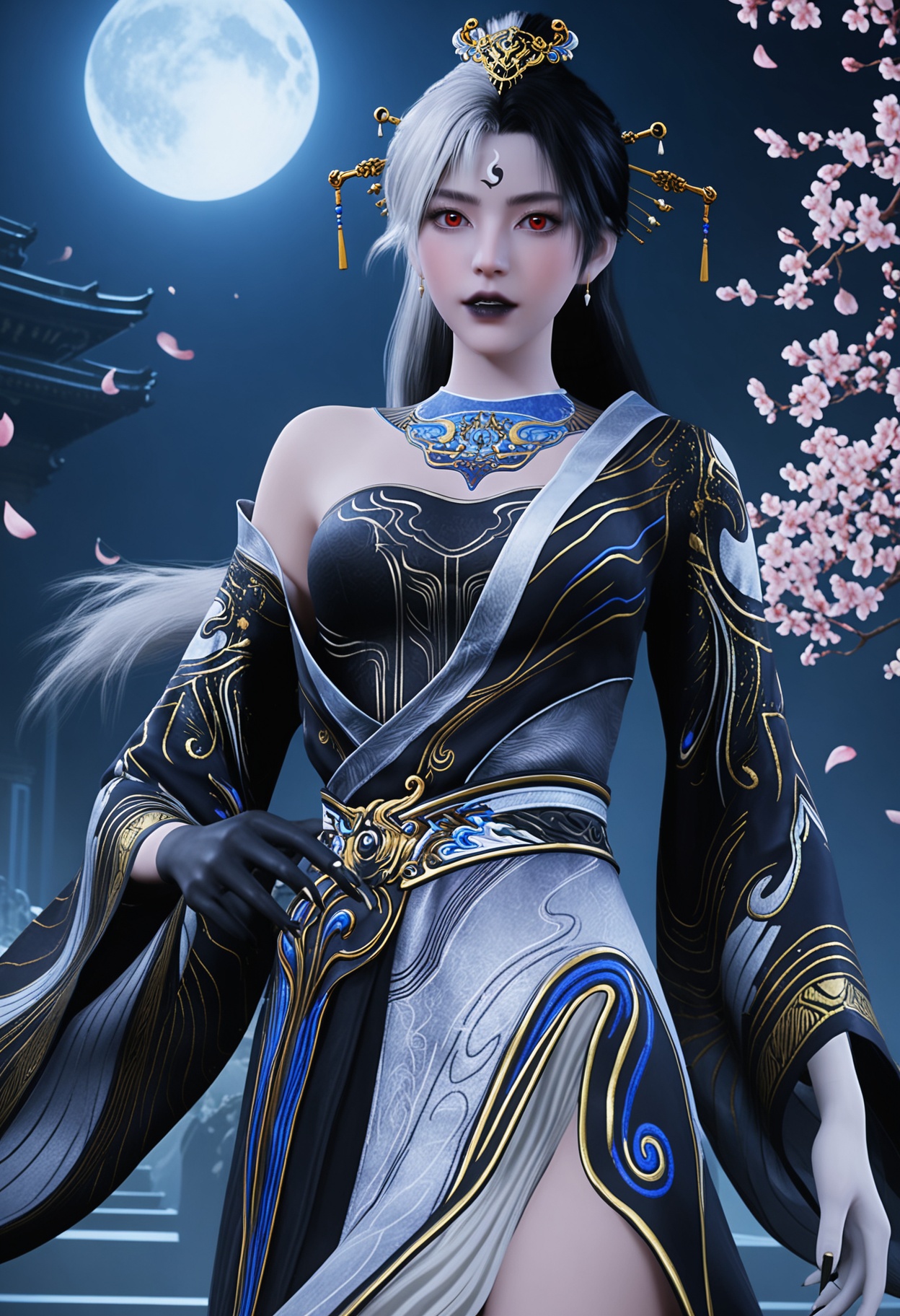 (cowboy shot:1.2),(looking at viewer:1.1),masterpiece,(best quality),smog,Dark room,dim lighting,peach blossom,falling petals,<lora:YQ_Illustrious光辉v5_阴阳教圣女_V1:0.8>,q1528437228,1girl,dress,solo,hair ornament,long hair,jewelry,black hair,earrings,white hair,forehead mark,red eyes,hair stick,multicolored hair,two-tone hair,forehead jewel,hair bun,wide sleeves,long sleeves,black dress,gloves,grey hair,blue dress,chinese clothes,black gloves,sash,single hair bun,black lips,necklace,short hair,black footwear,fingernails,sharp fingernails,blue hair,colored skin,shoes,black nails,