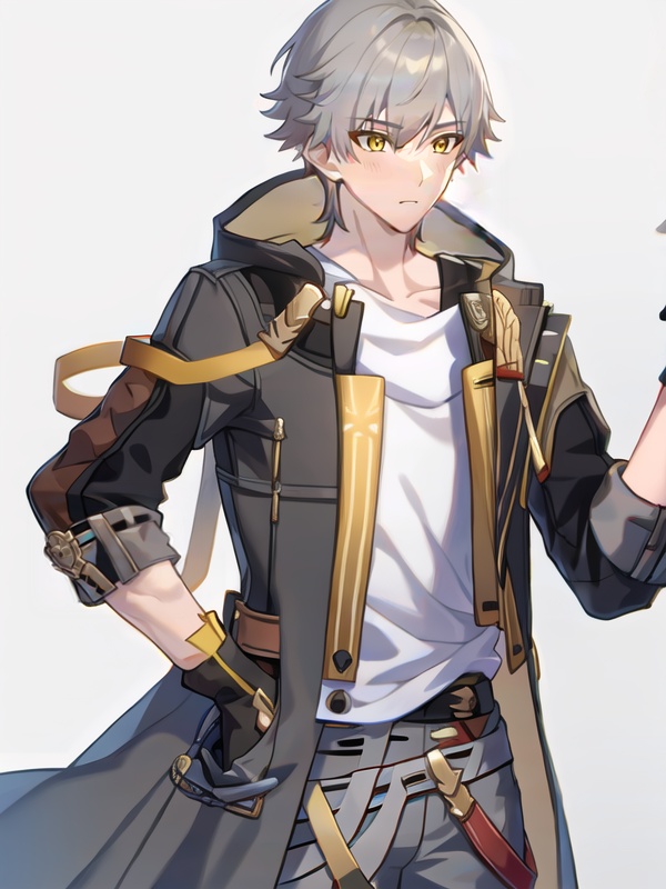 <lora:trailblazer:1>,trailblazer,1boy,male focus,gloves,short hair,white hair,bangs,yellow eyes,white shirt,jacket,pants,belt,open jacket,jewelry,coat,grey background,cowboy shot,, (masterpiece,best quality,ultra_detailed,highres,absurdres:1.2)