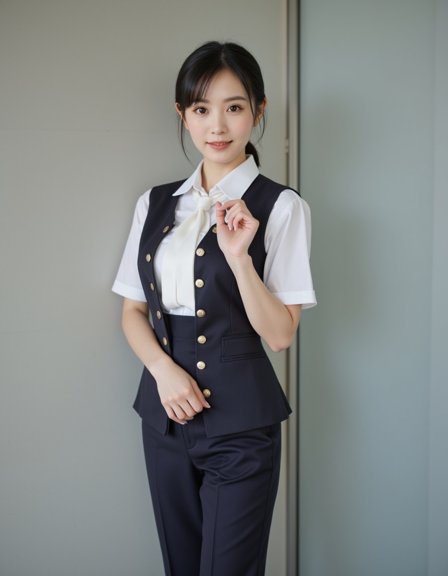 a real picture of a south korea woman,In Bank Teller Uniform\(Often includes a uniform shirt,pants,and sometimes a scarf or tie for bank tellers\).,