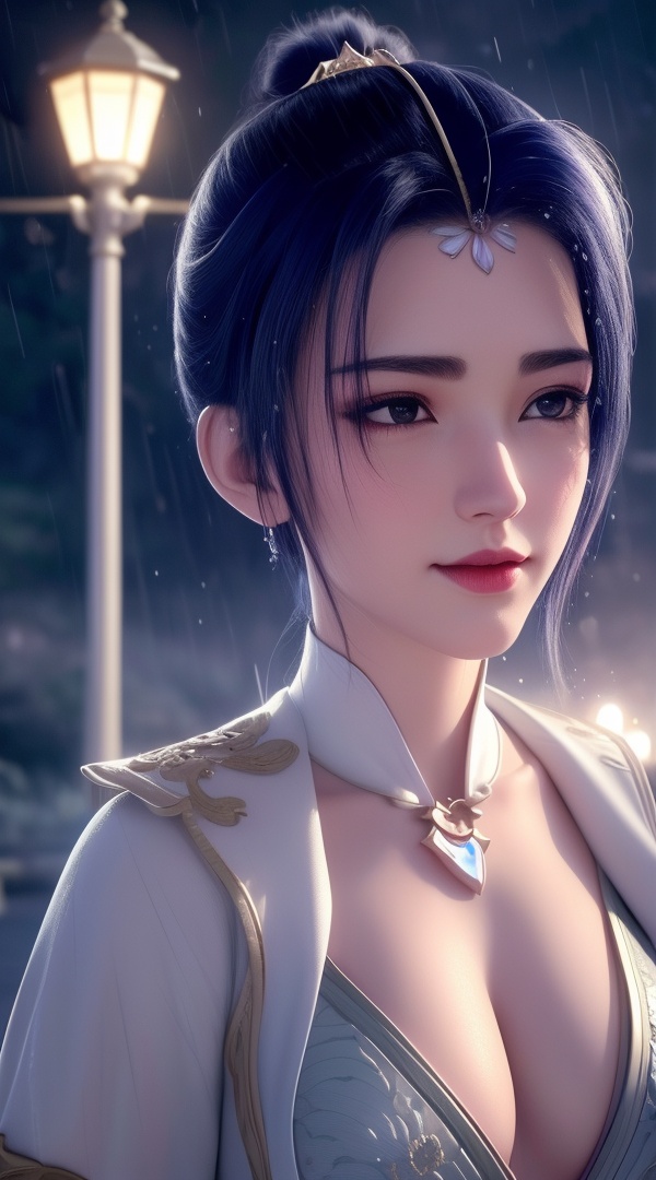 <lora:444-DA-真阳武神-禅银纱-男装:0.8> ,(,1girl, ,best quality, ),looking at viewer, ,ultra detailed 8k cg, ultra detailed background,  ultra realistic 8k cg,          cinematic lighting, cinematic bloom, (( , )),,  , unreal, science fiction,  luxury, jewelry, diamond, pearl, gem, sapphire, ruby, emerald, intricate detail, delicate pattern, charming, alluring, seductive, erotic, enchanting, hair ornament, necklace, earrings, bracelet, armlet,halo,masterpiece, (( , )),,  ,cherry blossoms,(((, night,night sky,lamppost,  ultra high res, (photorealistic:1.4), raw photo, 1girl, , rain, sweat, ,wet, )))(( , ))   (cleavage), (), 