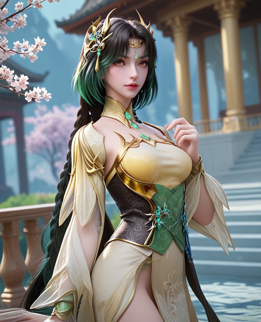 (oriental architecture, elegant decor, sophisticated style:1.1),upright straddle,(breasts:1.2),<lora:XL16完美世界苏兰:0.95>,miss sulan,yellow bandeau,bobtail,brown eyes,black hair,green highlights,braided ponytail,hair ornament,detached collar,very long hair,sash,black bobtail,, zPDXL2, score_9, score_8_up, score_7_up BREAK realistic, masterpiece,best quality, highly detailed,, zPDXL3, zPDXL2,zPDXL, zPDXLxxx, zPDXLrl,