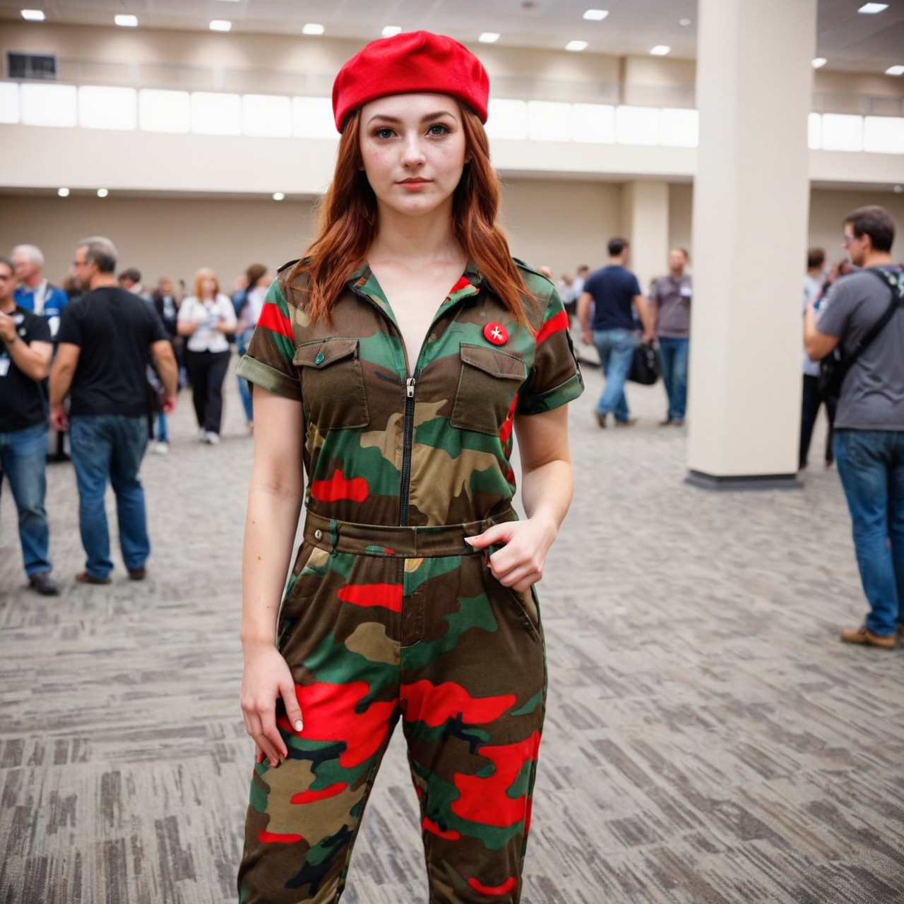 photo of a young woman at a convention,  wearing a cosplay costume,  camo jumpsuit on Tensor.Art
