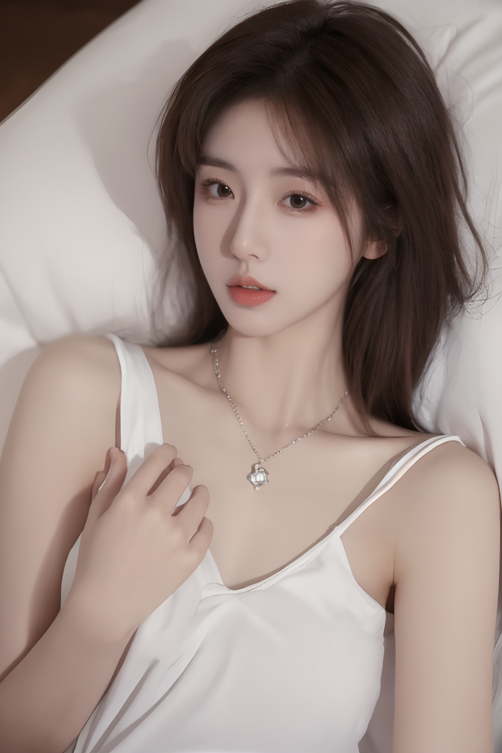 1girl,solo,lying,brown hair,necklace,realistic,looking at viewer,on back,black eyes,jewelry,lips,hand on own chest,black hair,parted lips,blurryt,<lora:sifang_20231118123505:0.7>, 