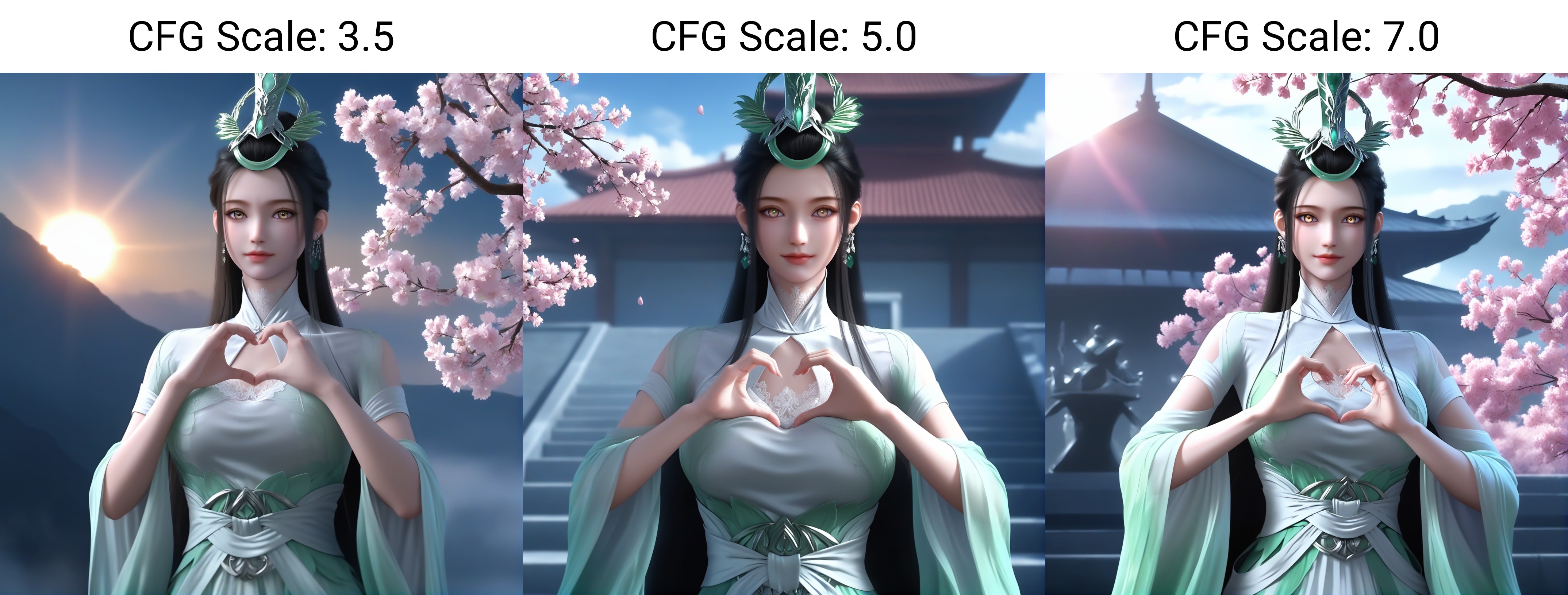 (score_9),collarbone,(glamor:1.1),narrow waist,<lora:陆嫁嫁pony-v2:0.82>,long hair,black hair,jade headdress,crystal earrings,headdress,light blush,light smile,green dress,high collar,white lace choker,clothing cutout,chest cutout,low hair bun,waist sash,amber eyes,heart hands,(single _glowing eyes),looking at viewer,front view,upper body,BREAKtwig,branch,falling petals,sunlight,sun,day,masterpiece,best quality,absurdres,highres,hd,
