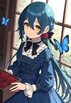 (best quality), ((masterpiece)), (highres), illustration, original, extremely detailed,  <lora:好き物语:0.7>1girl, butterfly, solo, bug, long hair, smile, hair between eyes, long sleeves, flower, blue dress, very long hair, red flower, dress, bangs, hair flower, closed mouth, holding, blue hair, blue butterfly, puffy long sleeves, earrings, shirt, hair ornament, bow, looking at viewer, black bow, yellow eyes, jewelry, white shirt, puffy sleeves, rose, pleated dress, brown eyes, red rose, frills, animal