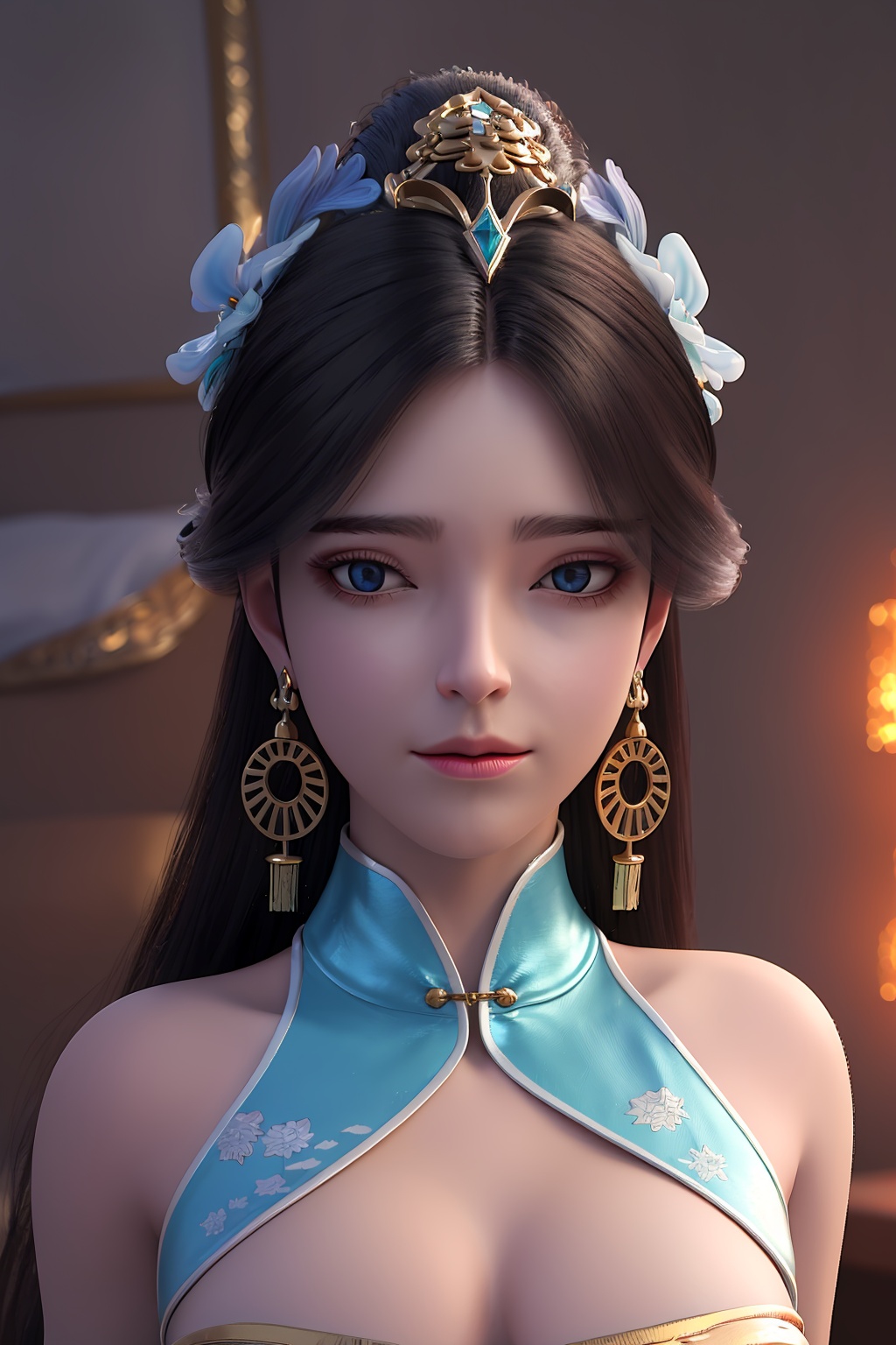 3D,masterpiece,(best quality),(makeup),official art, extremely detailed cg 8k wallpaper,((crystalstexture skin)), (extremely delicate and beautiful),(highly detailed),(face),(gold_trim),(collar),(hair_flower),tassel,,(1girl), (solo), (jewelry), (earrings),(purple_hair),(long_hair),(hair_ornament),(handwear),(breasts),((portrait)),(closed_mouth),(chinese_clothes),(shiny_clothes),(city,indoor,bed),,((looking_at_viewer)),((Facing the camera)),, <lora:hipoly3DModelLora_v10:0.3>