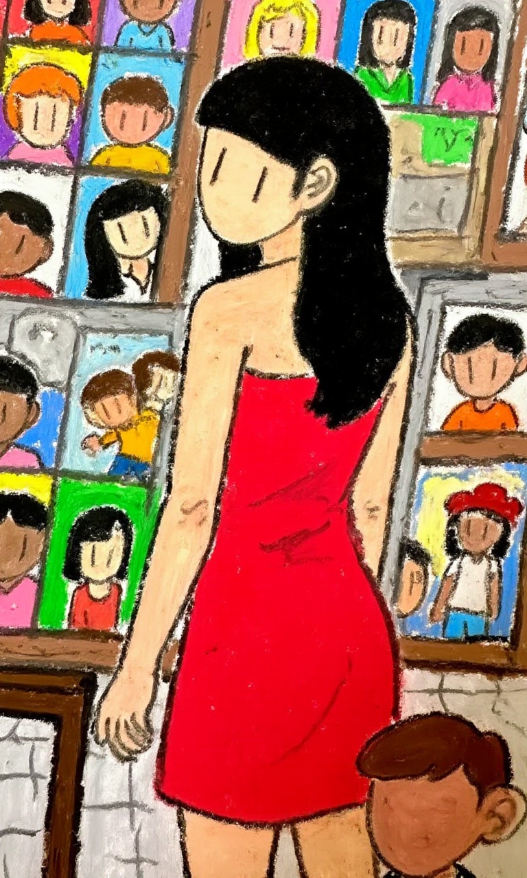 <lora:油画棒:1>，youhuabang-This is a high-resolution cartoon style image,In the picture, there is a lady wearing a red sundress. She is facing rightward with her body and her head slightly turned to the left, looking towards her left hand. She appears to be between the ages of 20 and 30, female, slim, with a calm expression, wearing a red sundress, with black hair, long hair flowing over her shoulders without bangs. The background is a wall covered with various photographs and paintings, the styles of which vary from abstract to realistic, and some are vibrant in color.