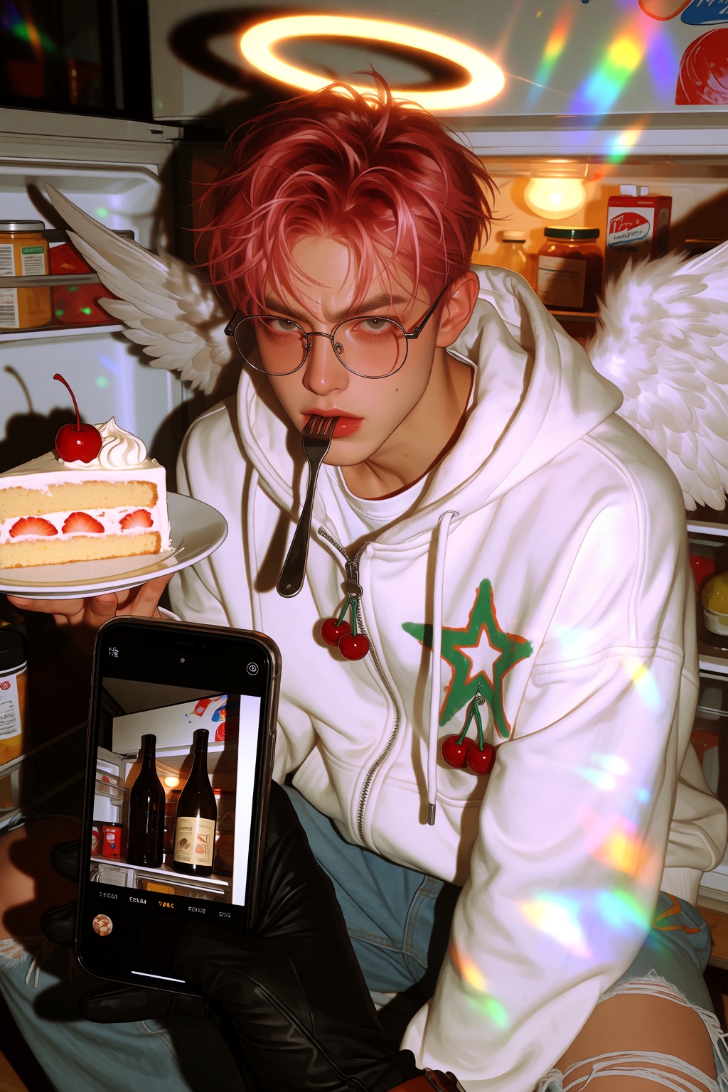 A vibrant,  detailed illustration of a male angel with messy reddish-pink hair and round glasses. He has an intense,  slig...