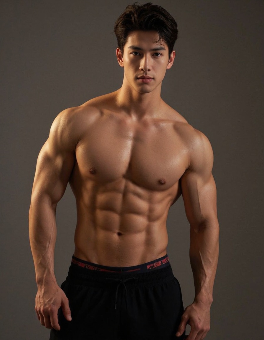 the image shows a shirtless man,he is wearing black shorts and his body is toned and muscular,<lora:majichandsome1:0.8>,