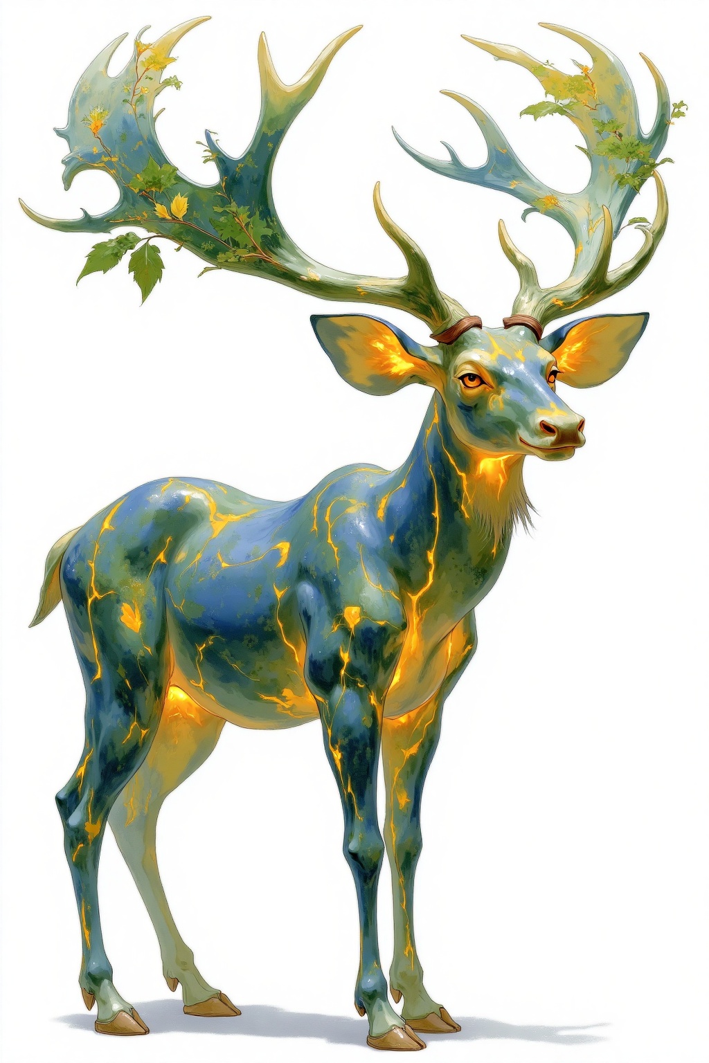 beijihui,a medium-sized moose stands against a stark white backdrop. The moose's head is adorned with two large antlers, each with a unique design, adding a pop of color to the otherwise monochromatic image. The antlers are adorned with a cluster of leaves, adding depth and dimension to the scene. The deer's body is adorned in shades of blue, with a hint of yellow, creating a striking contrast against the white background.