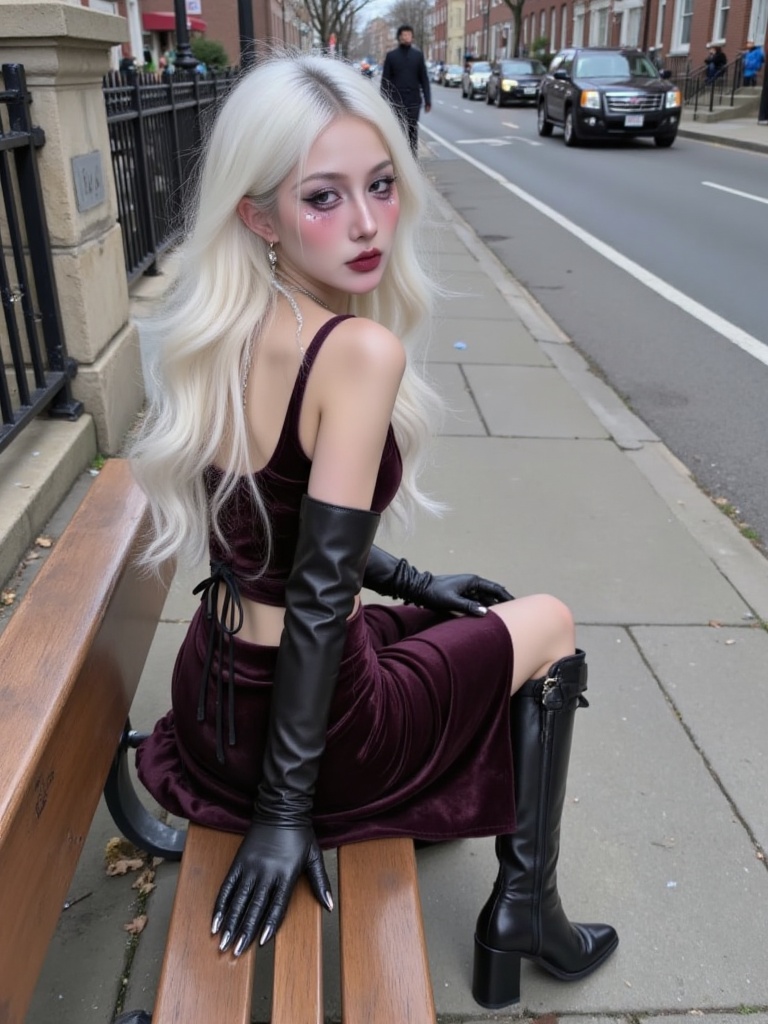 A girl with white long wavy hair and fair skin, sitting lazily on a bench by the roadside, turned her body and looked back at the camera. Her facial features were very beautiful, with makeup, smoked makeup, velvet vest skirt, designer style, long leather boots, necklace, velvet black gloves, fashionable and cool temperament. Her background was on the streets, mailboxes, fences, stone walls, pedestrians and cars of the United States. The camera used a top-down perspective to create a masterpiece
