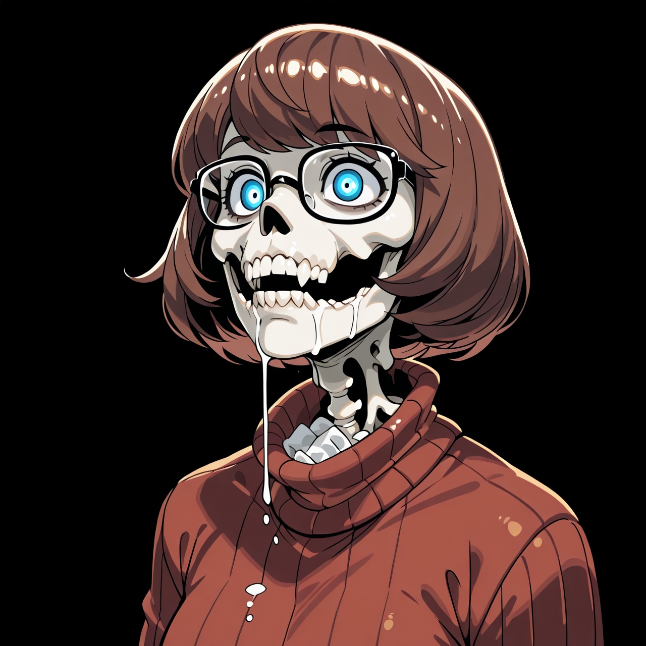 Velma Dinkley transformed into a cerebral body horror entity,  completely detached from original lore,  now a creature mad...