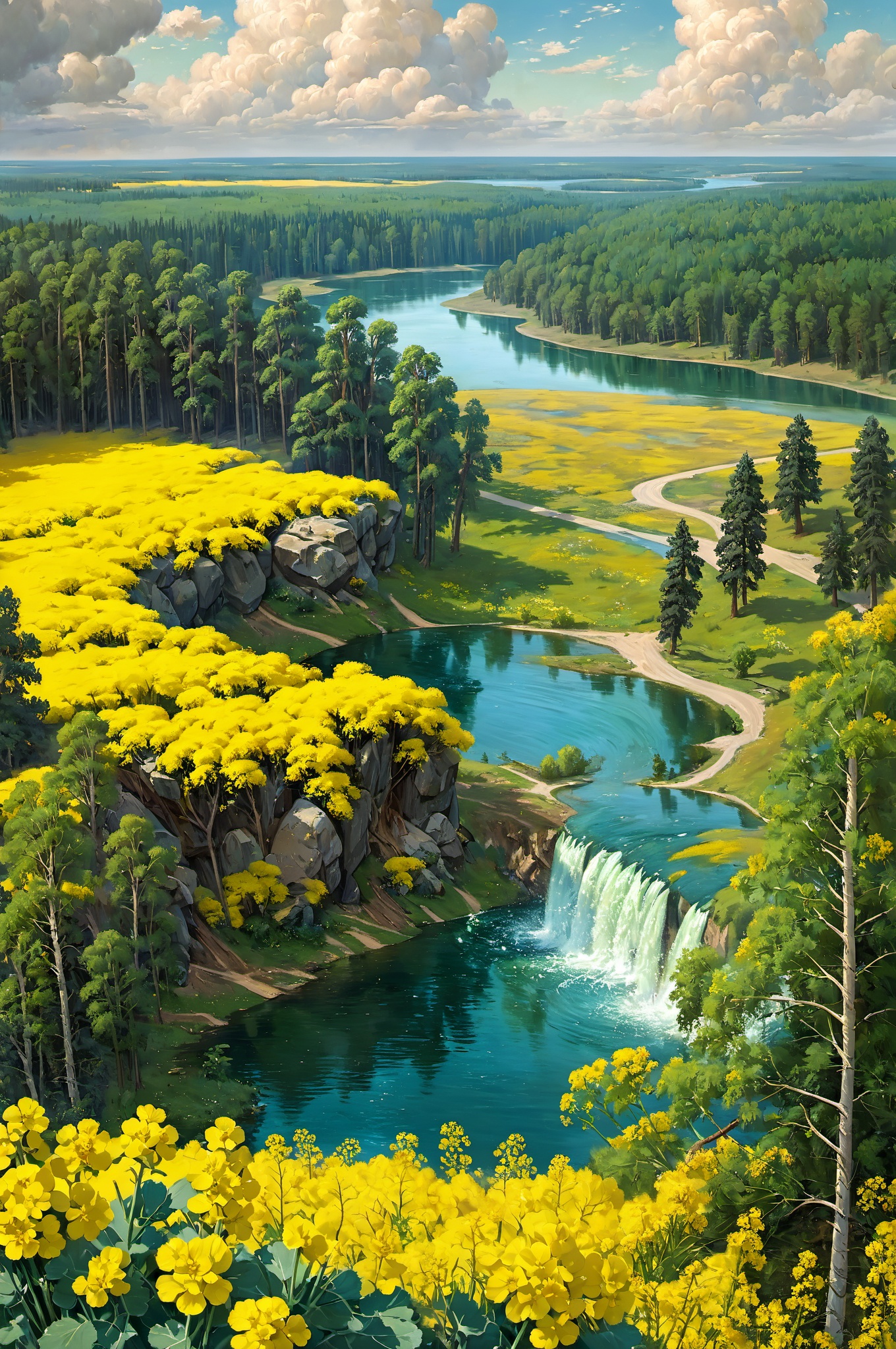 ((Canola flowers)),spring,ivan Shishkin,nature,trees,forest,water fall,sky,clouds,rock,lake,cloud,scenery,leafs,flowers,mountain at far,river,from above,countryside buildings at far,