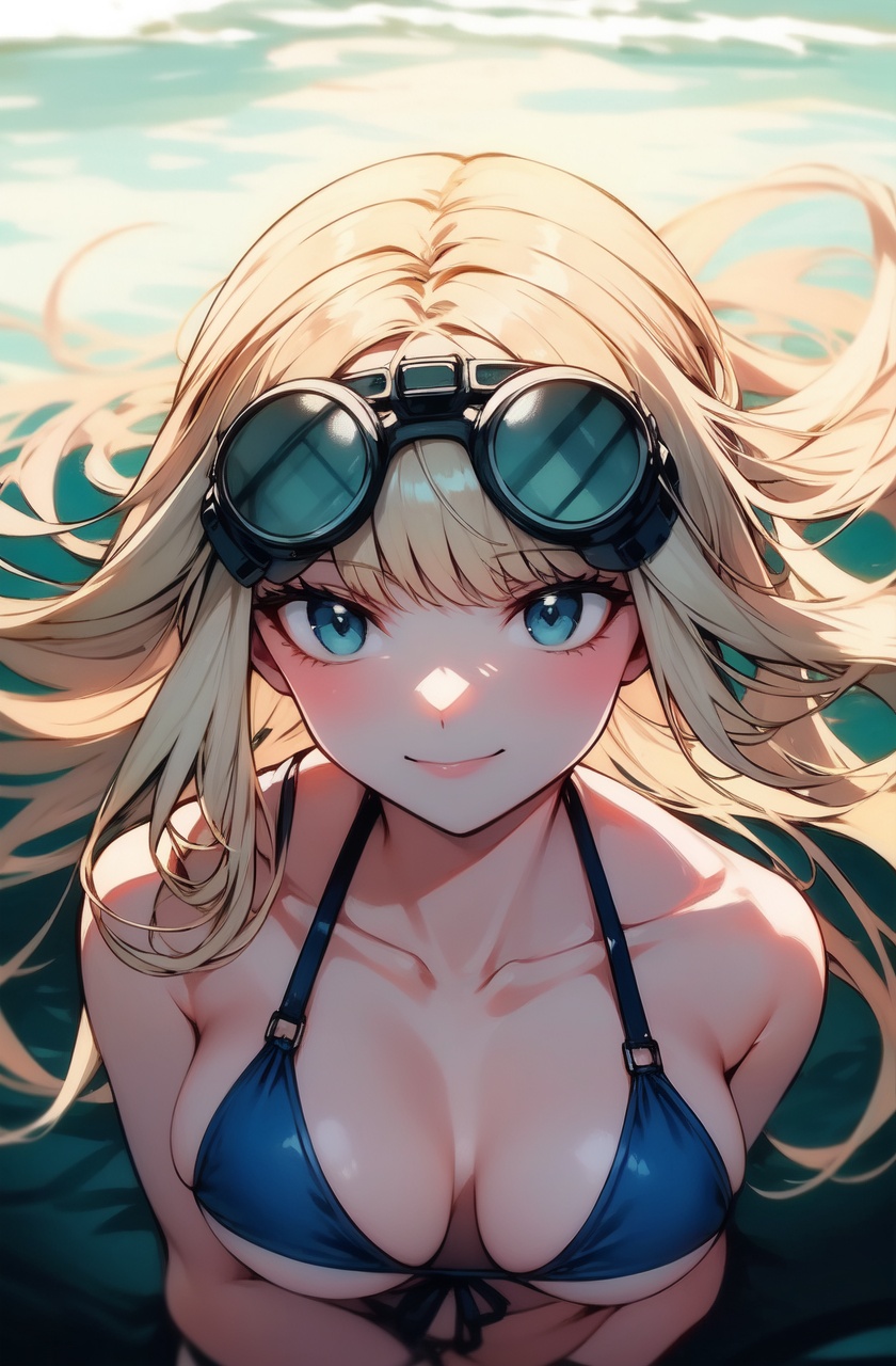 ultra highres,masterpiece,best quality,1girl,solo,blue eyes,white hair,long hair,looking at viewer,side-tie bikini bottom,floating hair,underwater,smile,goggles on head,pov,upper body, 