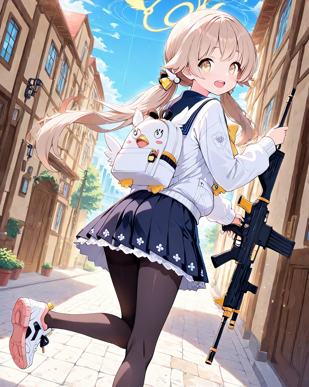 O,ultra detailed anime texture,1girl, hifumi (blue archive), pantyhose, twintails, solo, halo, bag, low twintails, gun, black pantyhose, school uniform, looking at viewer, rifle, weapon, skirt, looking back, outdoors, grenade, assault rifle, long hair, light brown hair, sneakers, blush, open mouth, shoes, smile, backpack, yellow eyes, white bag, explosive, sky, building,(UHD),anatomically correct,accurate,textured skin,super detail,high details,award winning,best quality,high quality,retinal,HD,16k,1080P,