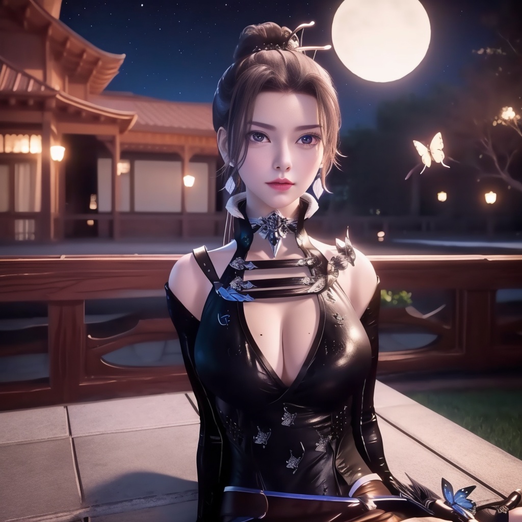 <lora:万界至尊-李雪衣-皮衣:0.8>, (,1girl, ,best quality, ),looking at viewer,  ,ultra realistic 8k cg, ,masterpiece, (( , )),,  fiction,mole, , ,      ,, 1girl,butterfly sitting,  night, star_\(sky\)(cleavage),,