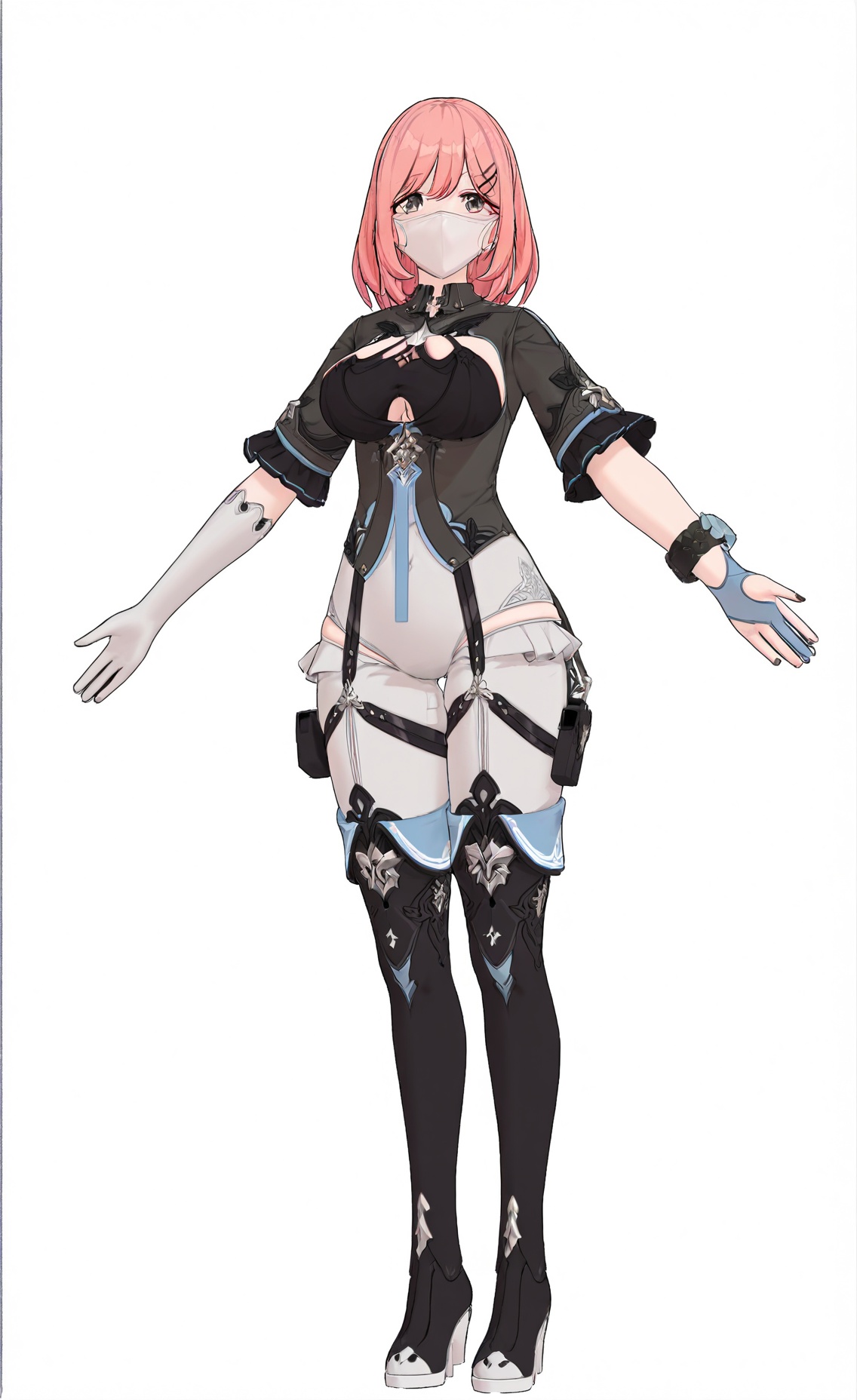 8k, best quality, masterpiece, (ultra-detailed), (high detailed skin), (white background:1.5), (full body:1.2), (white background), standing, looking at viewer, (solo), <lora:Timido-artiwaifu-Tanger:0.8>, Timido, def clothes, 1girl, single glove, thigh boots, pink hair, mouth mask, black footwear, thighhighs, boots, breasts, (beautiful_face), ((intricate_detail)), clear face, ((finely_detailed)), fine_fabric_emphasis, ((glossy)), full_shot, 