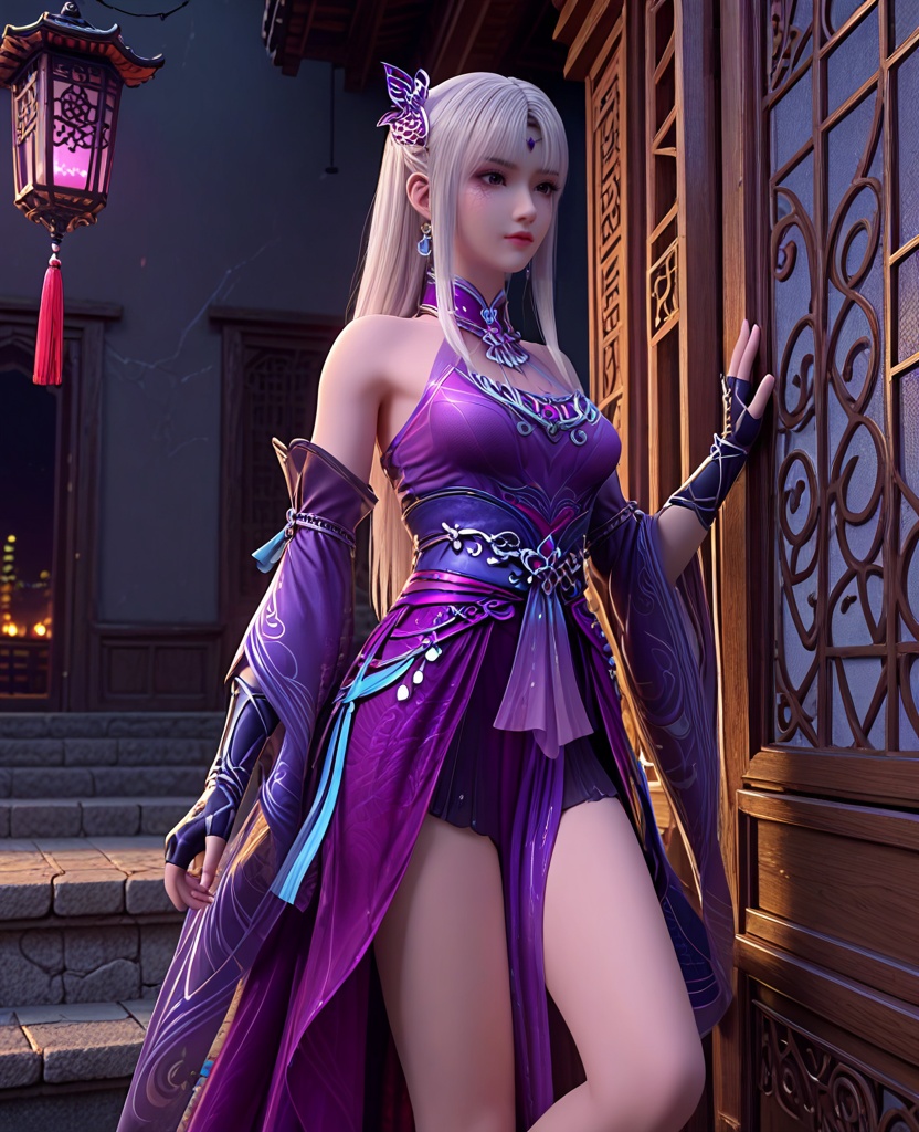 (oriental architecture, elegant decor, sophisticated style:1.1),(Leaning against a wall,:1.1),(breasts:1.2),<lora:XL斗破苍穹小医仙P:0.85>,elder sister,purple dress,white hair,bangs,hair ornament,bare shoulders,brown eyes,purple veil,jewelry,fingerless gloves,blue footwear,sash,cracked skin,purple eyes,, score_9,score_8_up,score_7_up,score_6_up,score_5_up,score_4_up,3d rendering,tag1,tag2, Cinematic Lighting,backlighting,