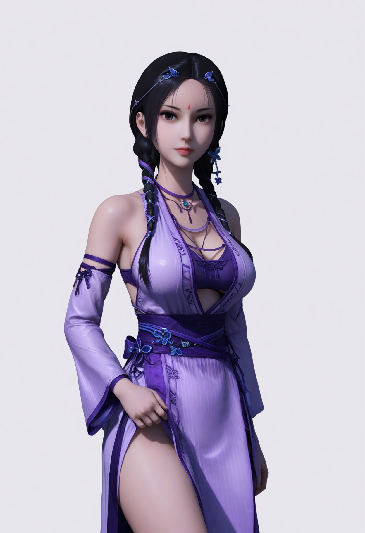 score_9,<lora:SF_XiaoShiMei_Pony_Realism2.3-000003:0.7>,1girl,solo,black hair,hair ornament,large breasts,forehead mark,dress,standing,twin braids,looking at viewer,white background,simple background,