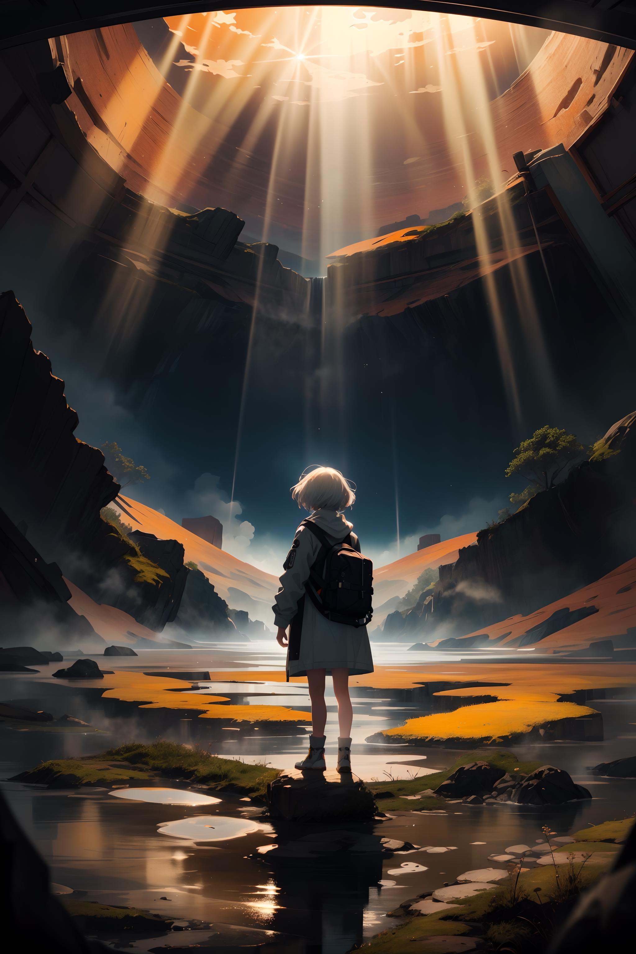 a world full of color and texture, patterns align to form the world around her, fisheye lens, she looks afar in amazement as the world comes to life among the rays of sunshine