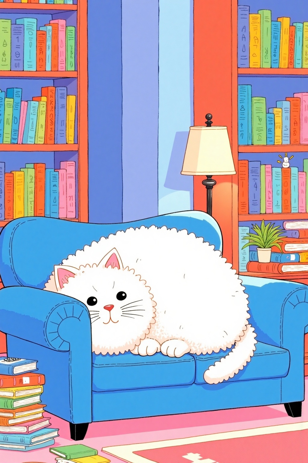 beijihui,A cartoon drawing of a white cat laying on a blue couch. The cat has black eyes,black whiskers,and a black nose. The couch is in front of a bookshelf filled with books. A lamp is on the floor to the right of the couch. A stack of books are on the ground to the left of the cat. The wall behind the couch is a light blue color.,