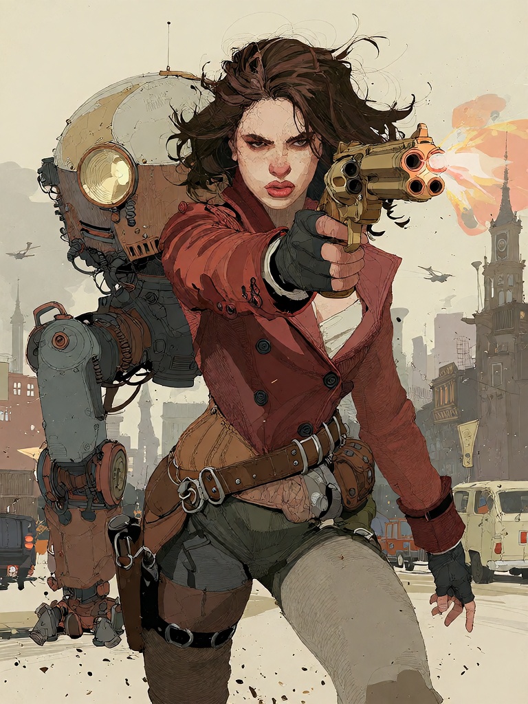 Bradhamel art style.**Final Prompt** A dynamic action shot of a young woman with dark,  tousled hair in a red high-collare...