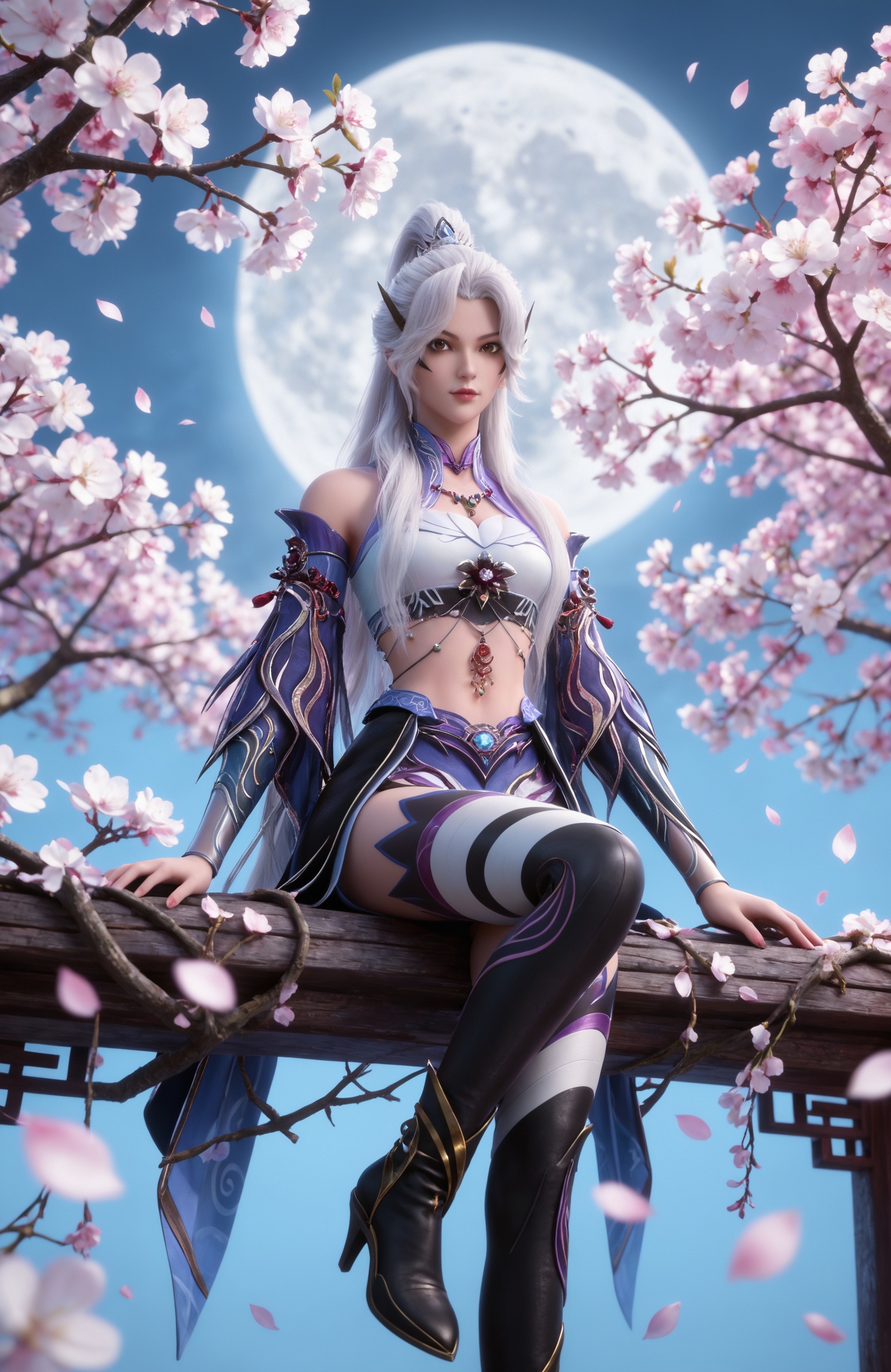 <lora:百炼成神3-星剑Pony:0.7> 1girl, long hair, white hair, ponytail, hair ornament,brown eyes, bare shoulders, crop top,midriff, navel, jewelry, facial mark, detached sleeves, thighhighs,high heels,boots,, masterpiece,best quality,solo,1girl,upper body,petals,looking at viewer,moon,branch,cherry blossoms,flower,extreme aesthetic,(quasarcake:0.7),masterpiece,best quality,good quality,newest,very aesthetic,absurdres,A shot with tension,(Visual impact,giving the poster a dynamic and visually striking appearance:1.2),impactful picture,offcial art,colorful,splash of color,movie perspective,
