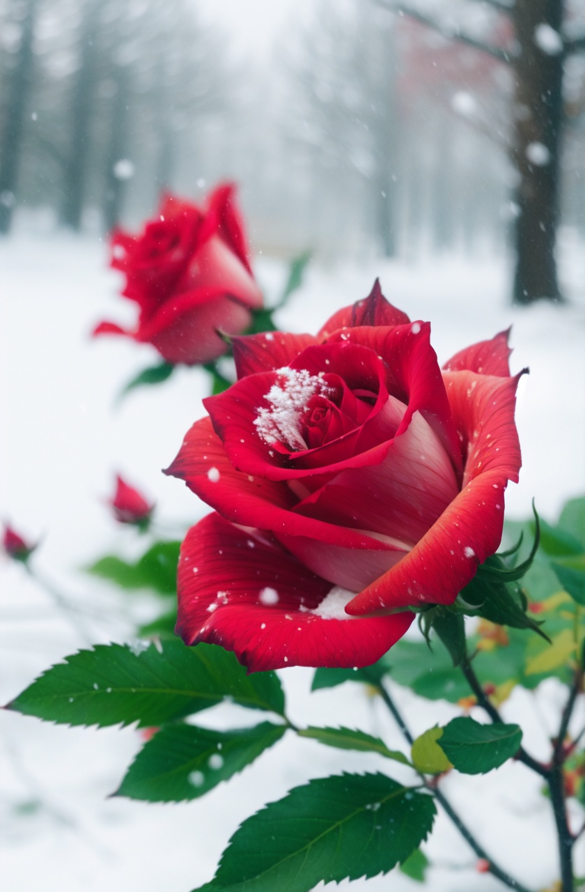 masterpiece,best quality,(absurdres:1.2),snowflakes,winter,grass,depth of field,red rose,snow,