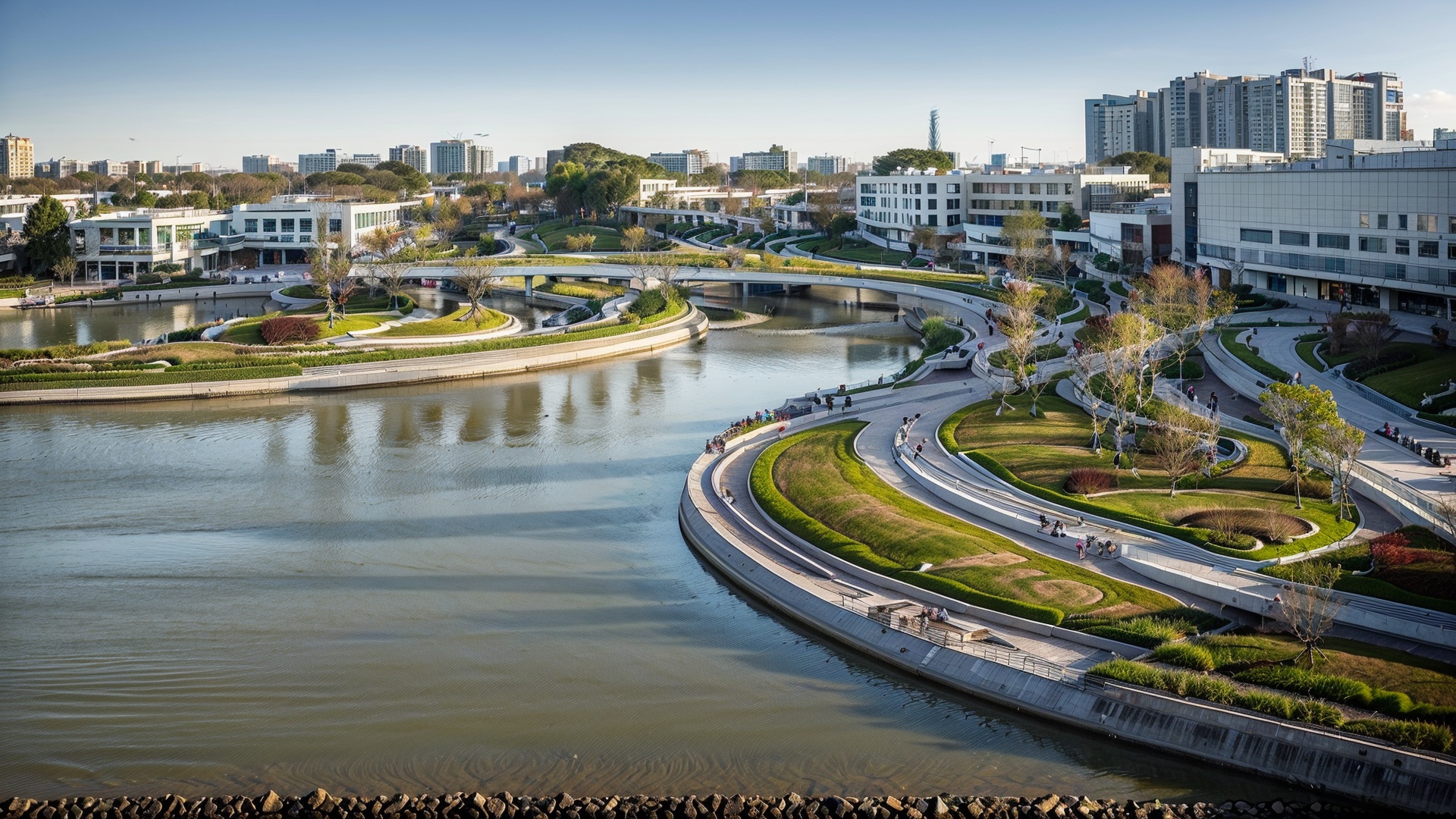 road,masterpiece,outdoors,city,cityscape,skyscraper,human,day,sky,tree,city,cloud,building,best quality,smooth,tree,daytime,concise,plant,building,outdoors,HDR,UHD,8K,Highly detailed,Studio lighting,HDR-based rendering,UK il,extreme-description,water,Beautiful composition,advanced sense,The sparkling water surface,moody,relaxing,Rich plant groupings,Best Lighting,A photo of a landscape park,Continuous road,outstanding platform,<lora:landscape_滨水景观:0.8>,